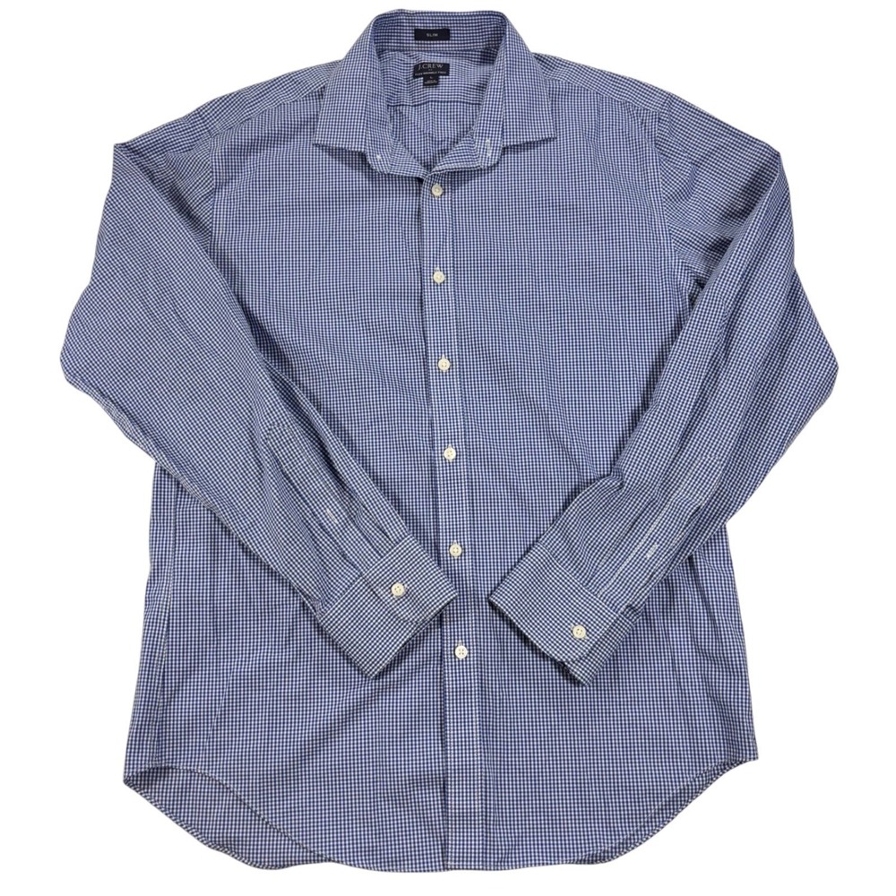J.Crew Men's Slim Flex Wrinkle Free Blue Gingham‎ Check Button Down Shirt